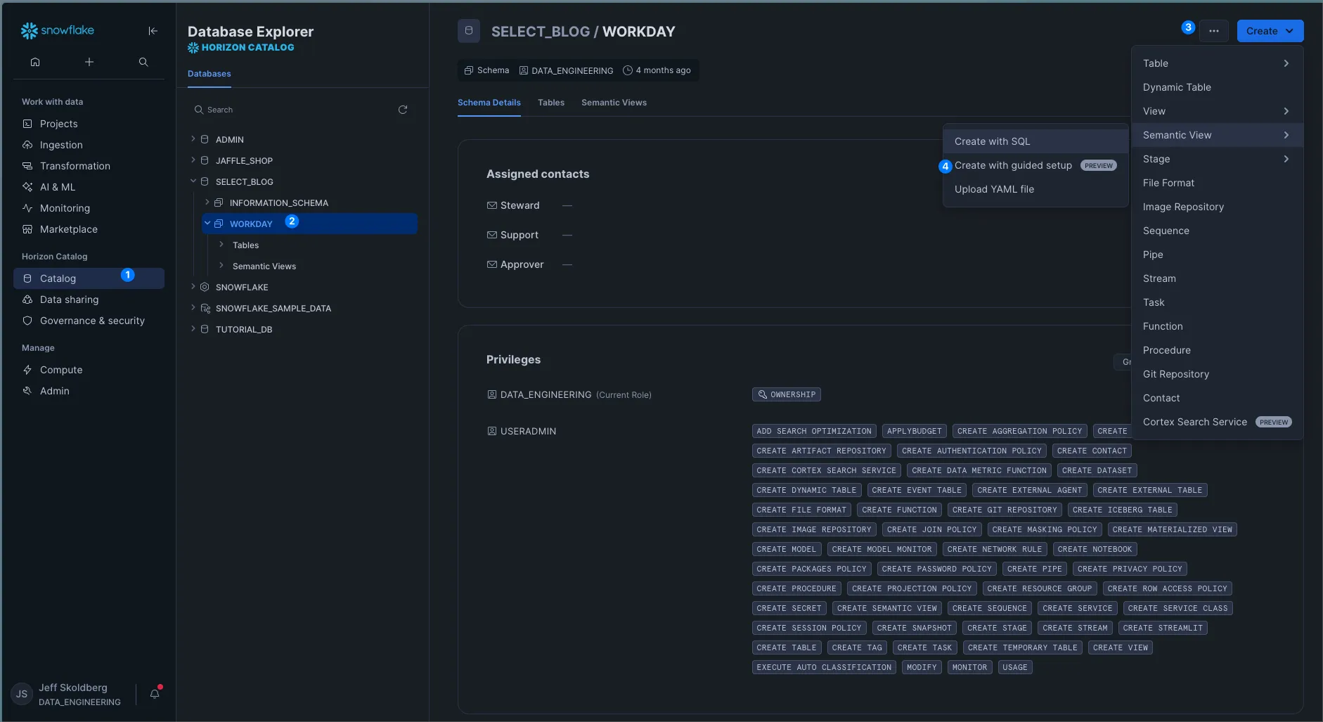 Create semantic view in Snowflake snowsight