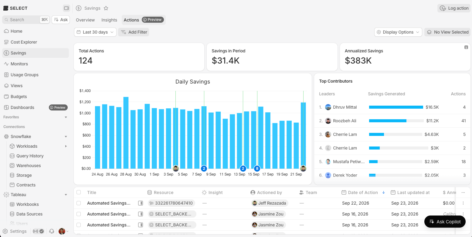The Actions tab on the savings page