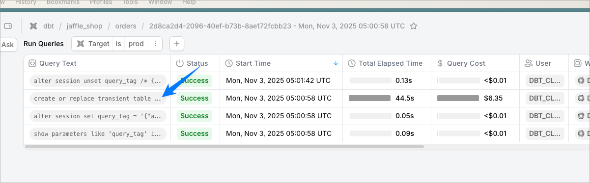 List of queries for a workload run, with one query selected to inspect