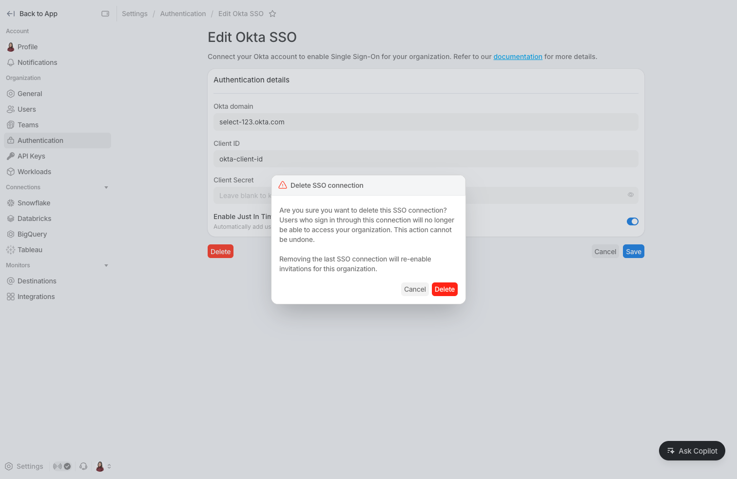 Delete SSO connection