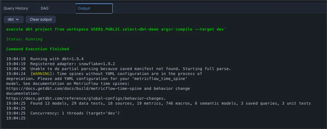 dbt command output in Snowflake Workspace