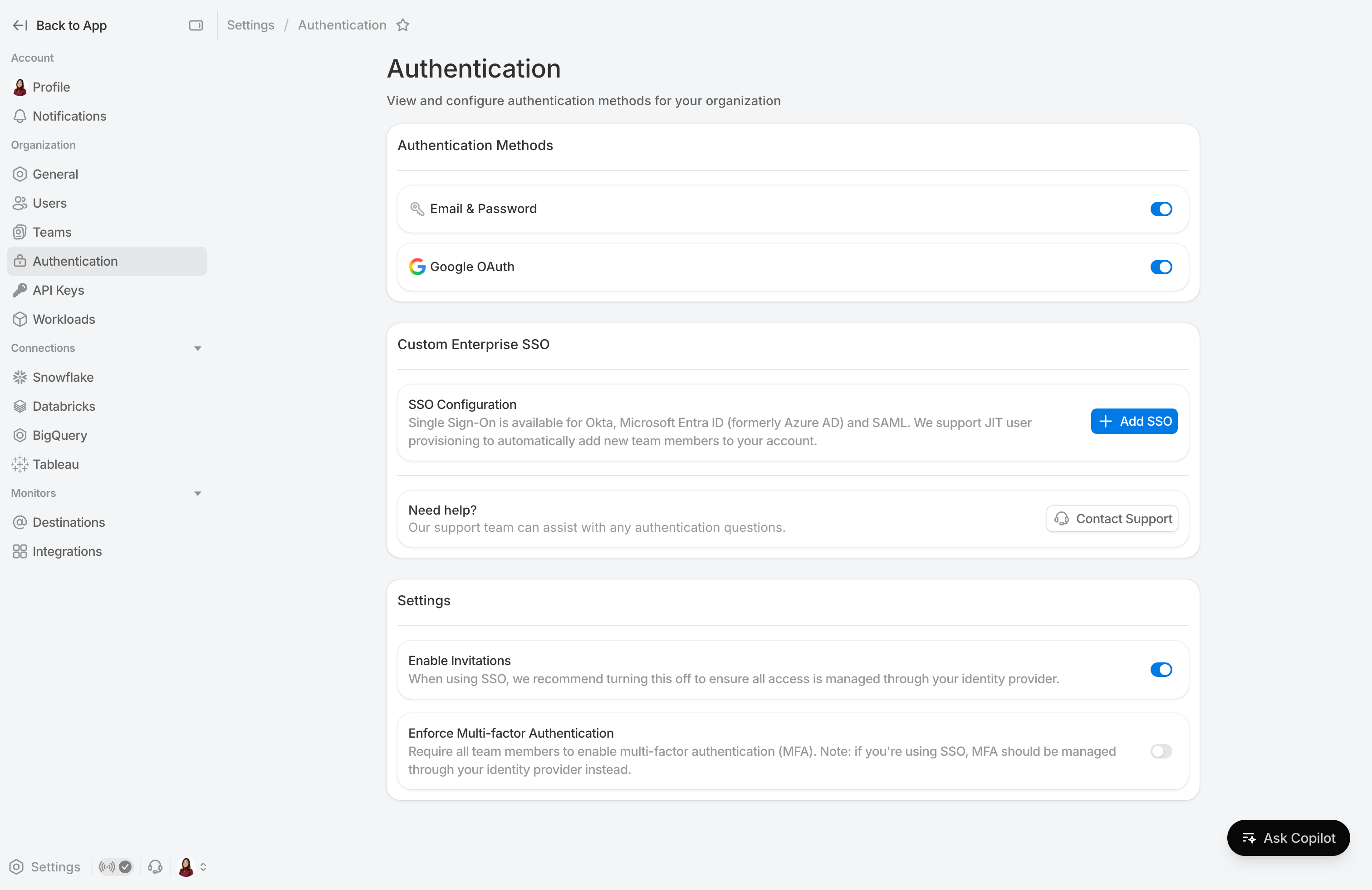 Authentication Settings Page