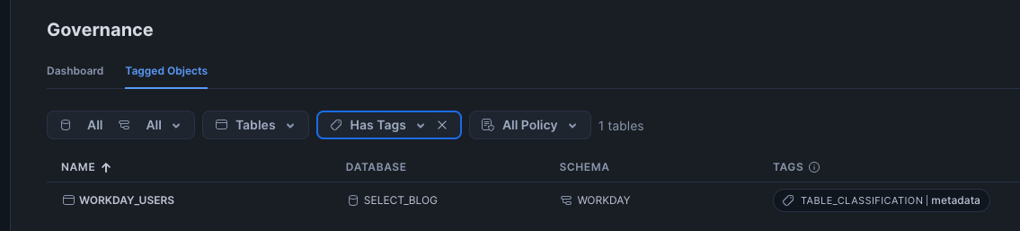 Tagged Objects tab filtered to "has tags", shows only tables that have tags.