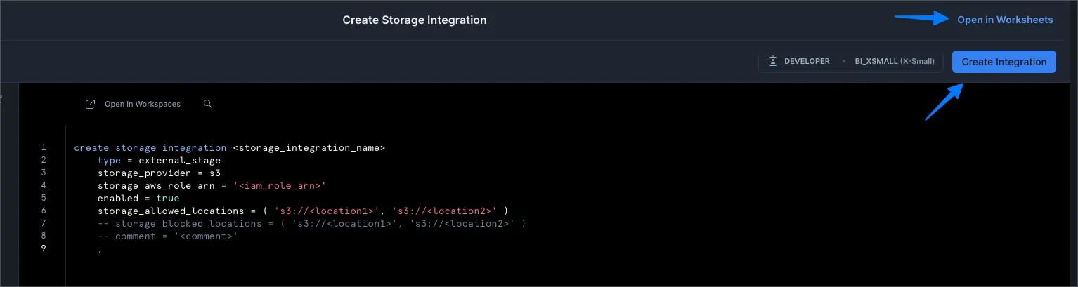Create Storage Integration via Snowsight, SQL page