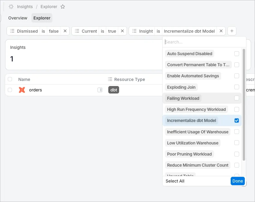 All insight (Snowflake Savings) categories in SELECT