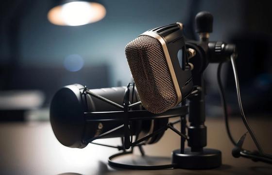 Mikrofon profesional dengan shock mount siap untuk perekaman podcast berkualitas di studio karawaci