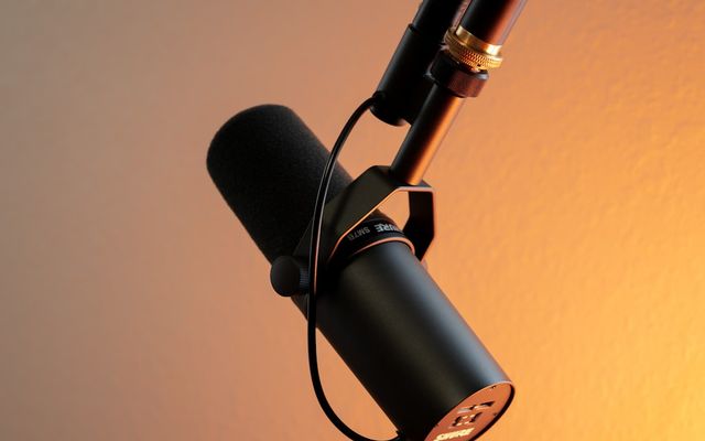 Mikrophone studio rekaman profesional dengan pop filter di booth podcast Sauropodcast