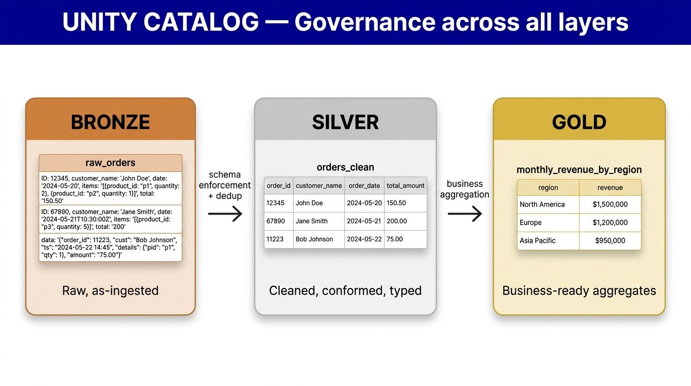 Databricks medallion architecture diagram showing Bronze, Silver, and Gold layers with Unity Catalog governance, illustrated by Cosmos Thrace