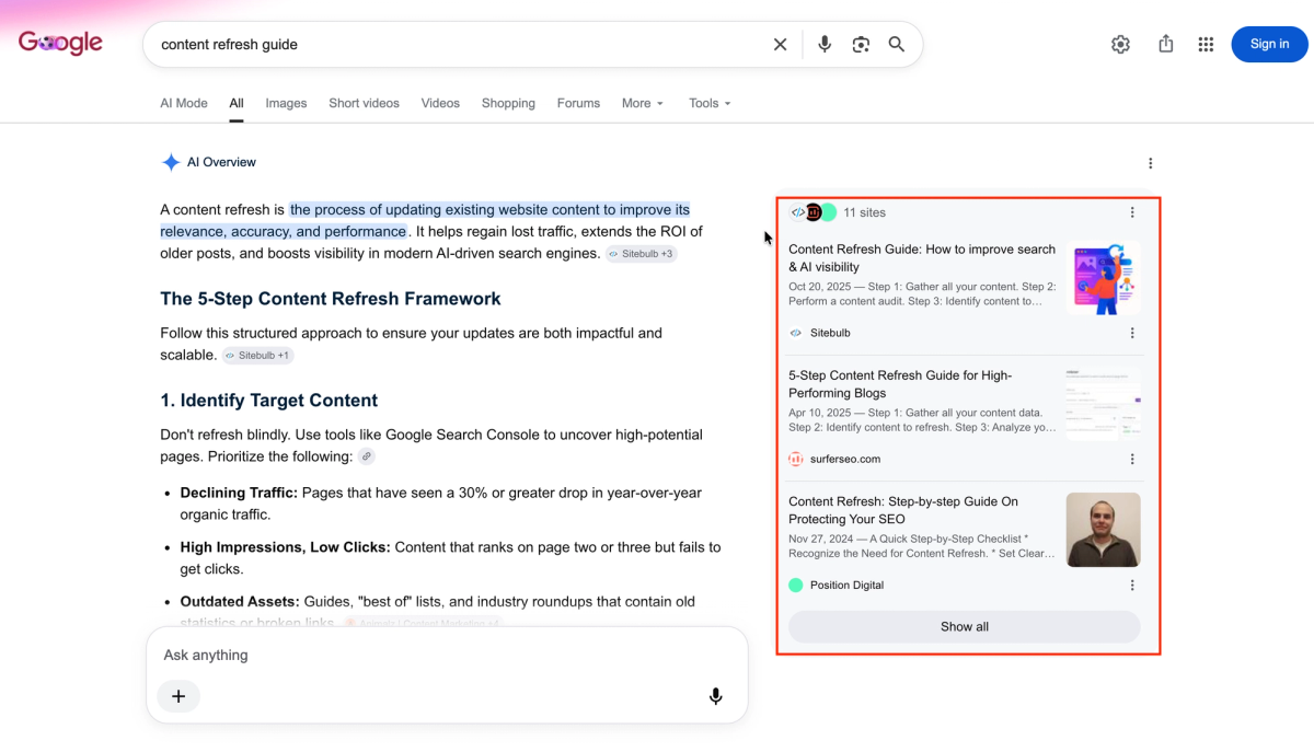 AI Overview citations for the "content refresh guide" query.
