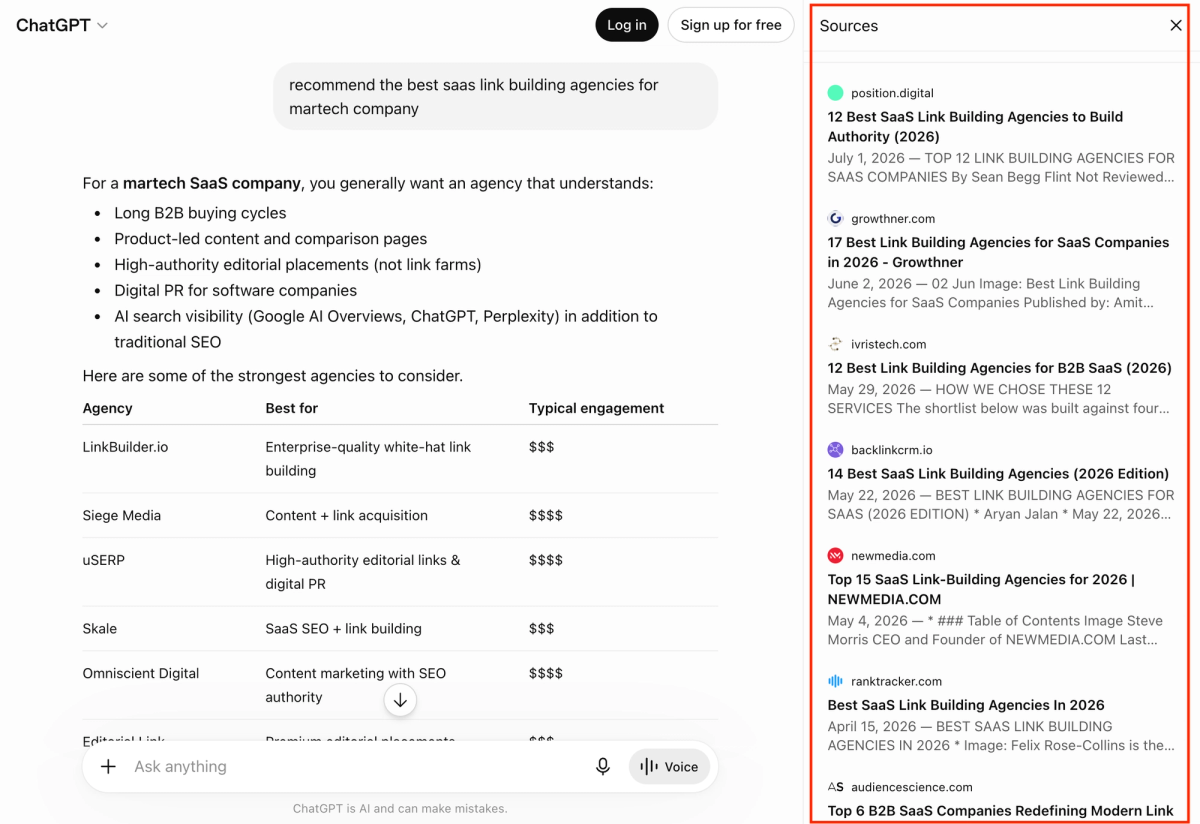 Listicle citations in a ChatGPT answer for "best saas link building agencies for a martech company."