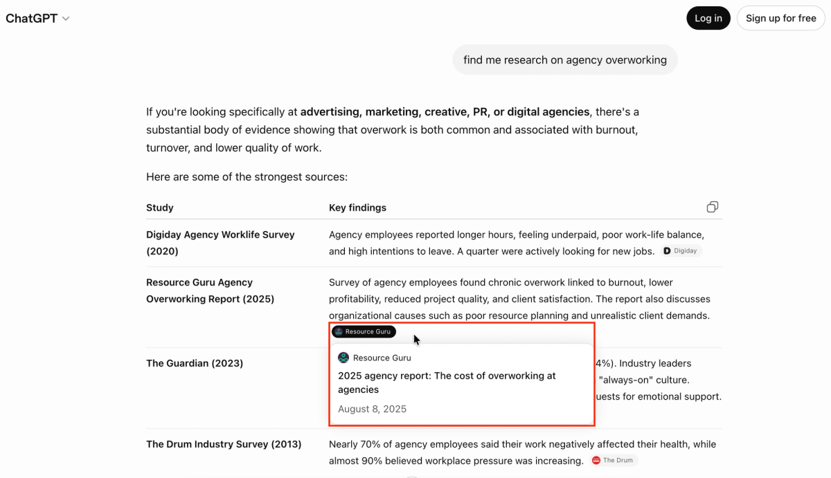 ChatGPT citation for Resource Guru's report on agency overworking.
