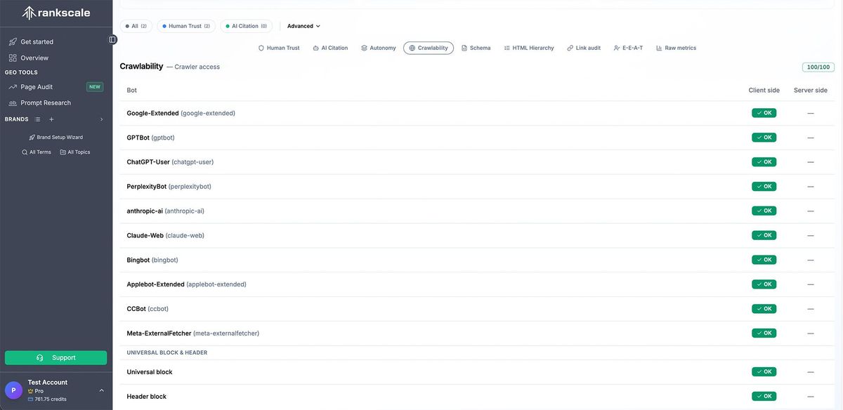 The Crawlability dashboard in Rankscale's Page Audit tool.