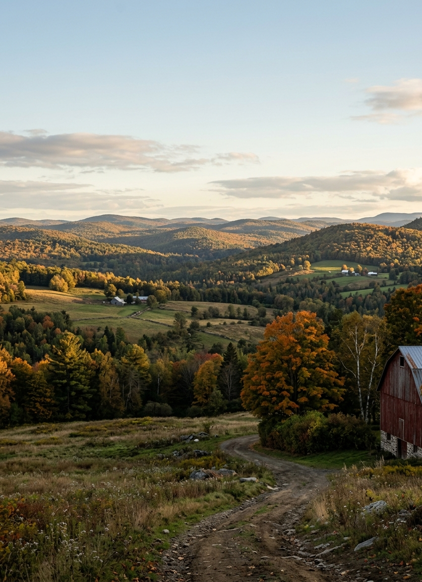 A dirt road winding past a red barn toward rolling hills of fall foliage and distant farm fields at golden hour.