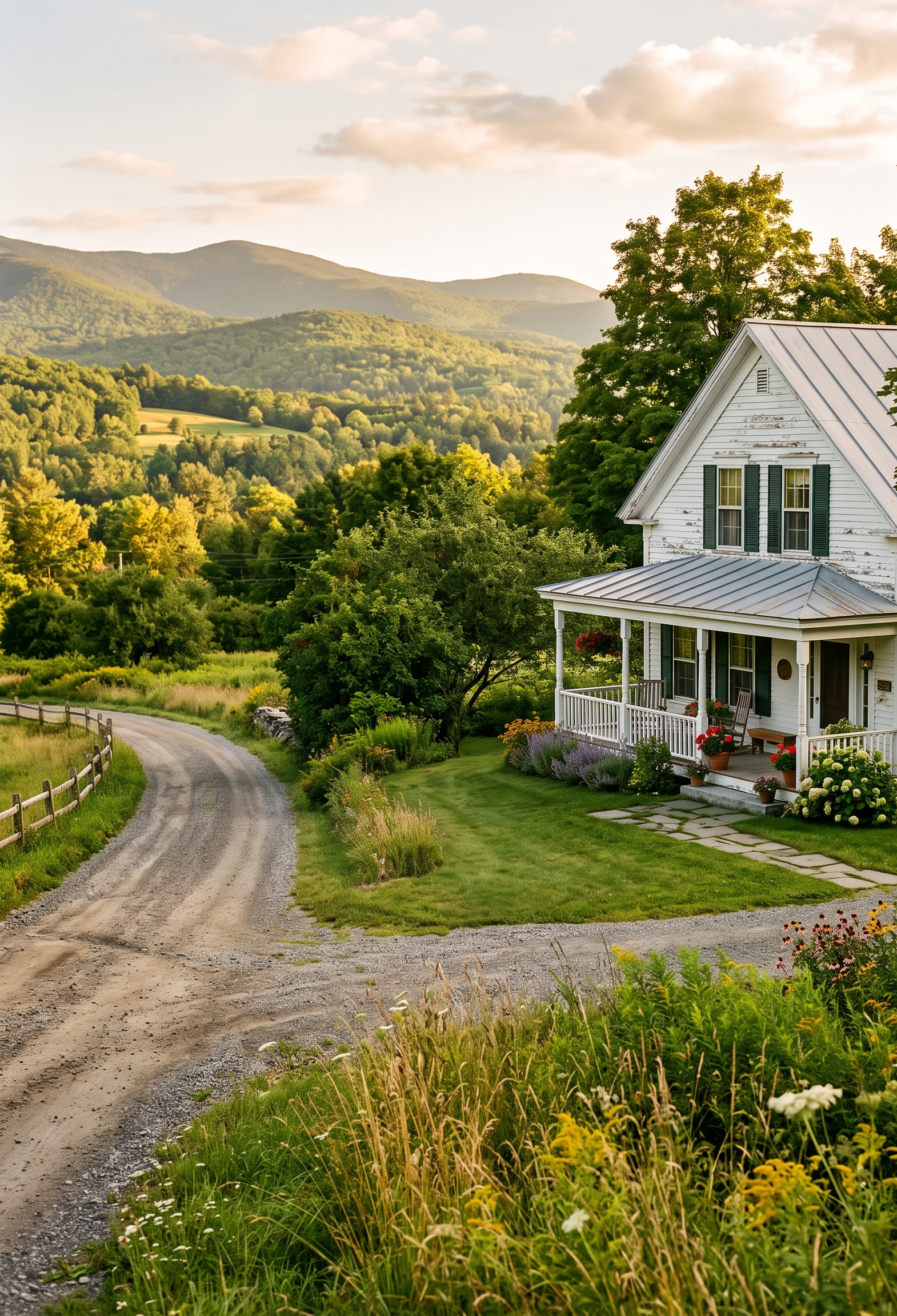 A white farmhouse with a metal roof and front porch beside a curving dirt road, with wooded hills behind it.