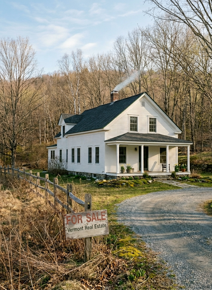 A white farmhouse with smoke rising from the chimney at the end of a gravel driveway, with a For Sale sign by a split-rail fence and bare trees behind.