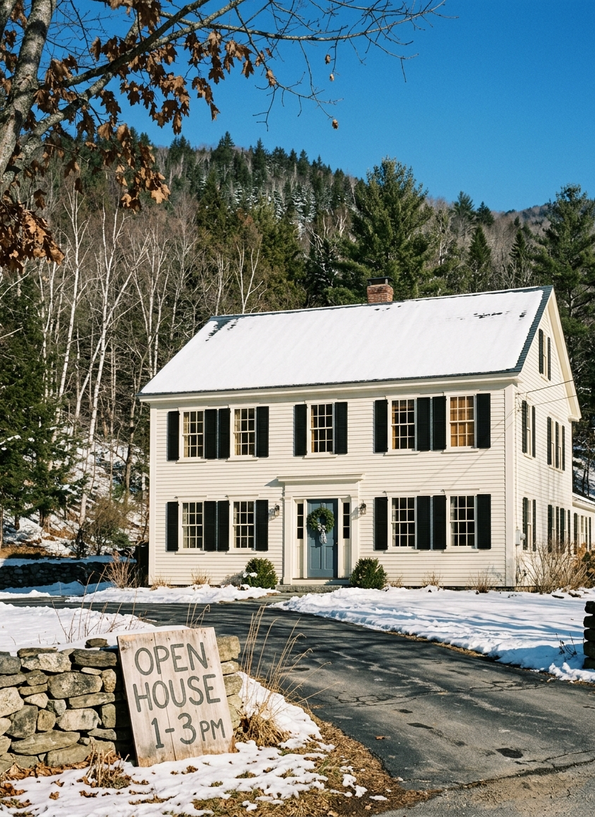 A white two-story colonial house with black shutters and a snow-covered roof, with a wooden Open House sign propped against a stone wall in front.