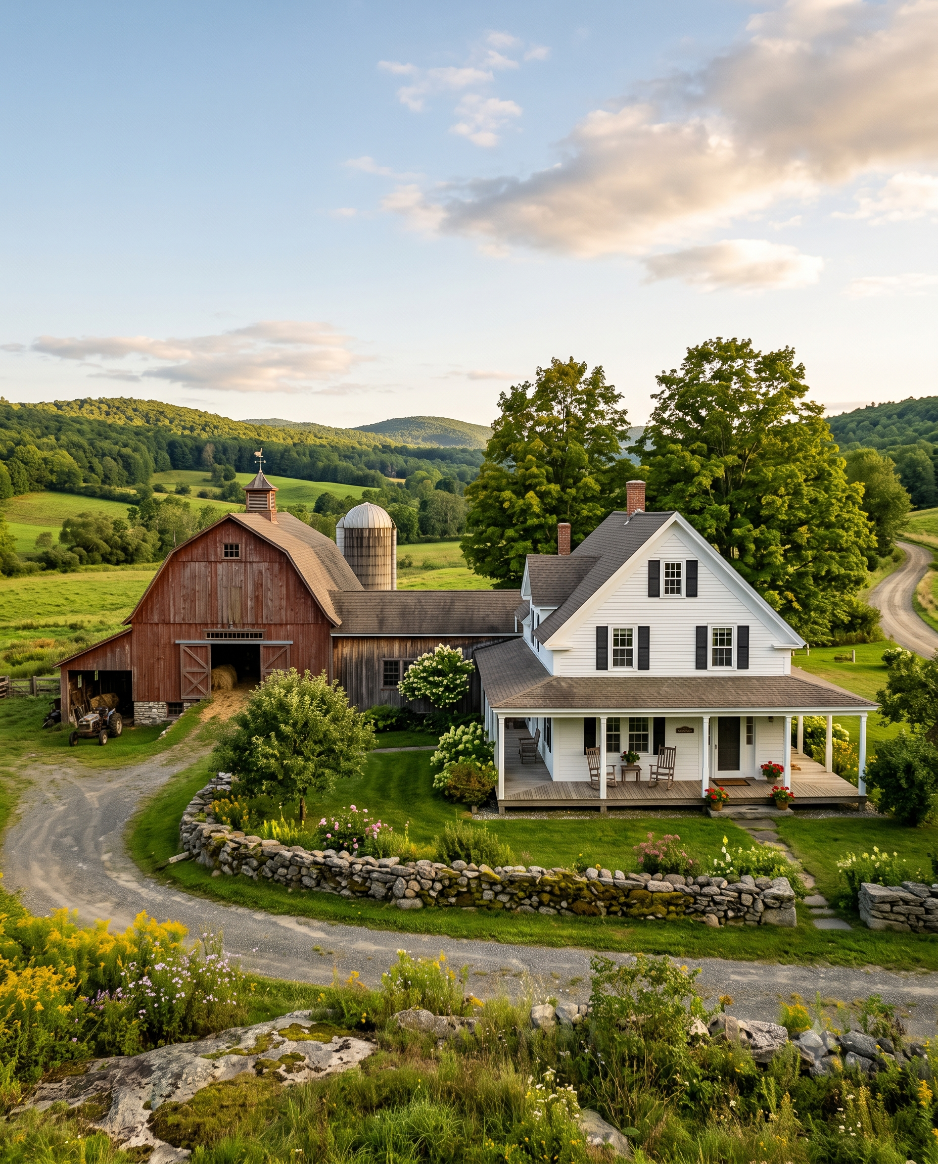 A white farmhouse with a front porch next to a red barn and silo, with a stone wall, a dirt road, and green hills behind.