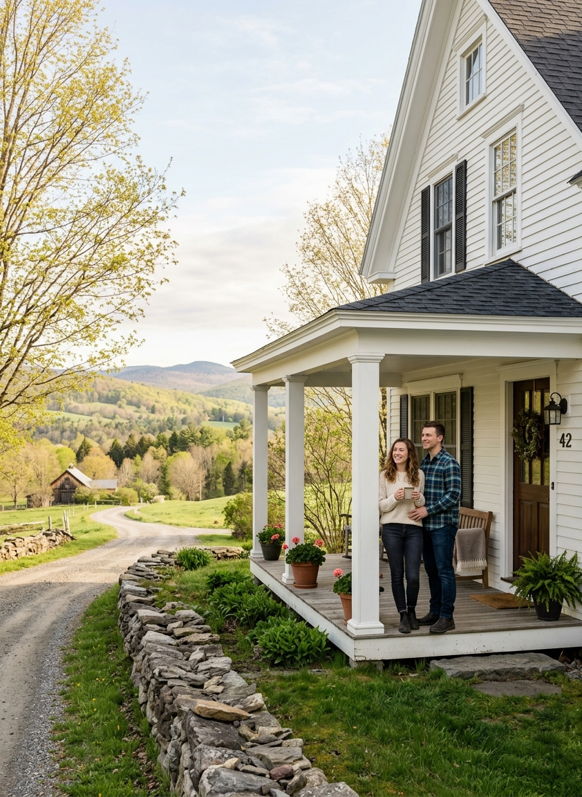 Two people holding mugs on the front porch of a white farmhouse beside a stone wall and gravel road, with hills in the distance.