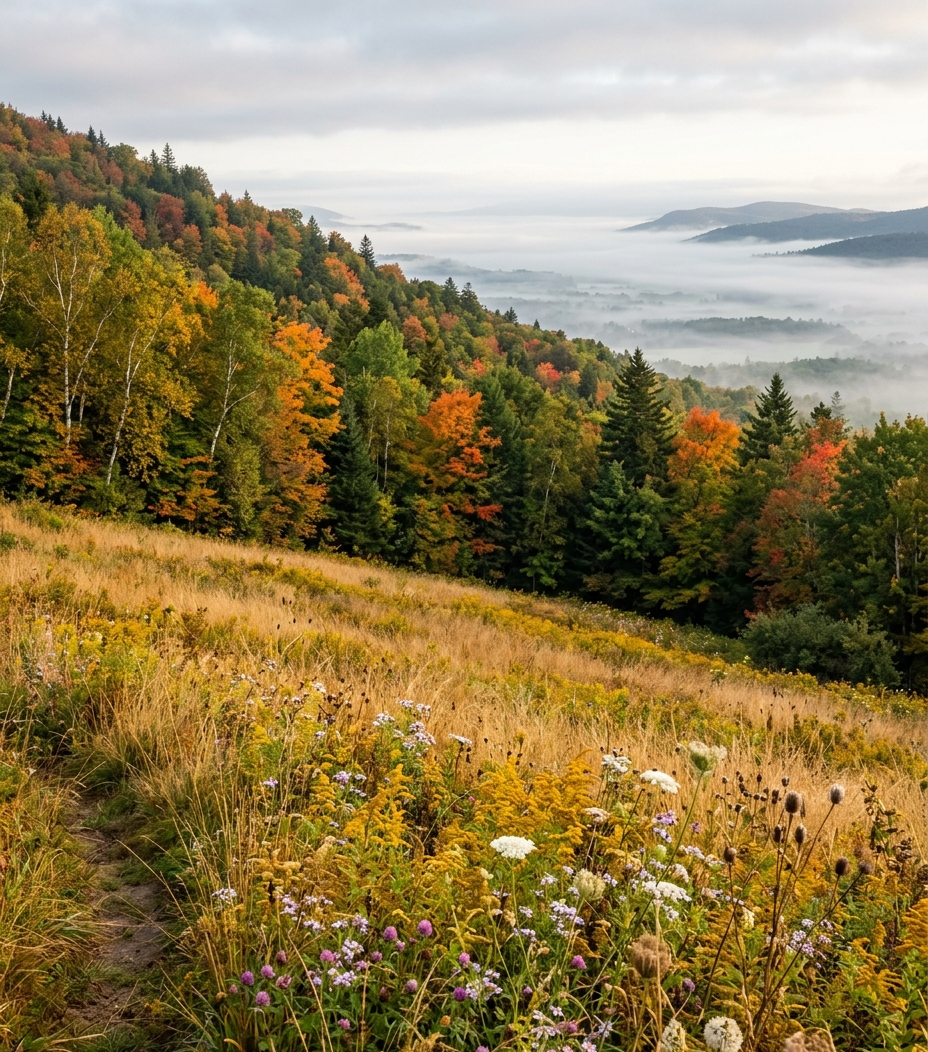 Vermont hillside with fall foliage above open fields