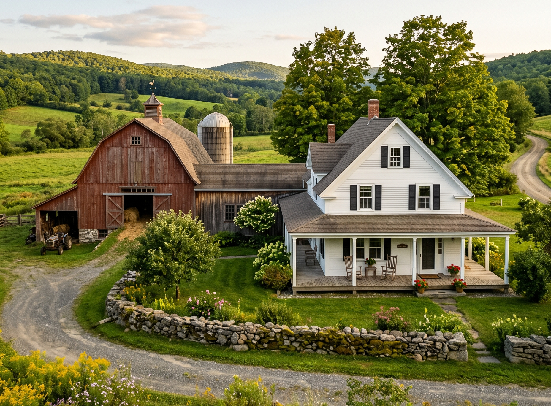 A white farmhouse with black shutters and a wide porch beside a red barn and silo, with a stone wall and gravel drive in the foreground.
