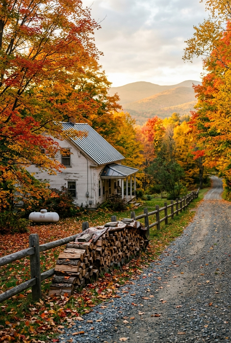 A white farmhouse with a propane tank and a stacked woodpile beside a gravel road, surrounded by fall foliage with mountains behind.