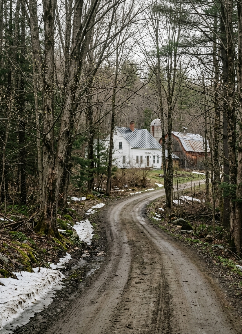 A muddy dirt road curving through bare trees toward a white farmhouse and a barn, with patches of melting snow along the edges.