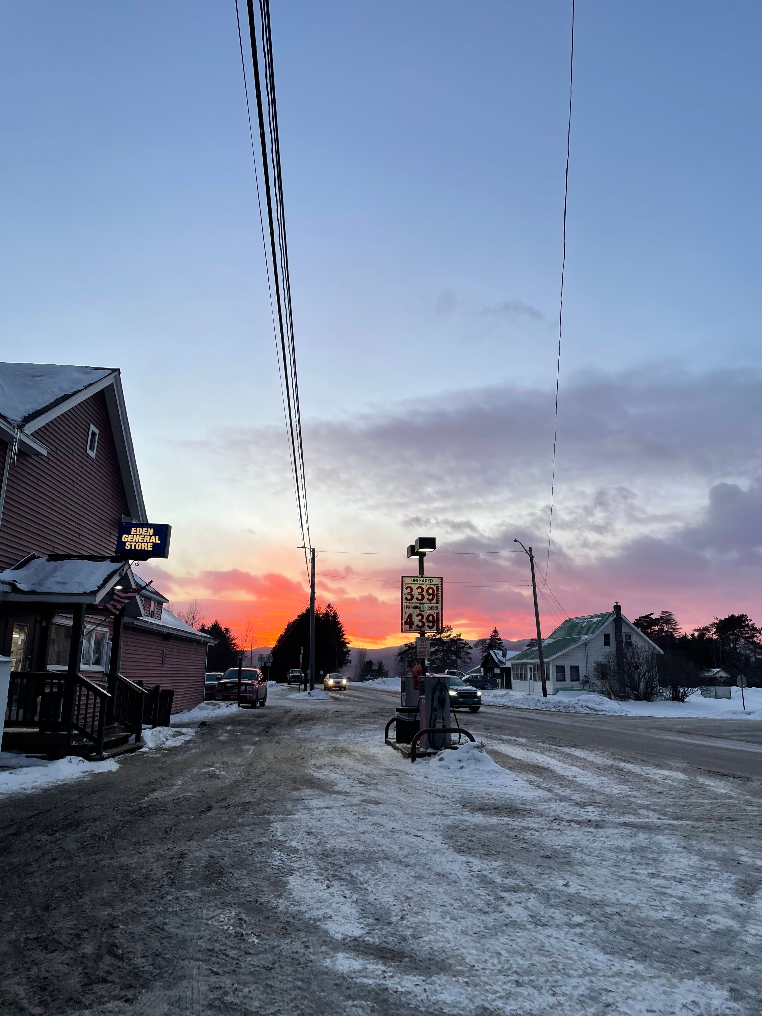 Snowy general store with gas station