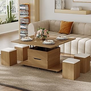 Homary Table Basse Relevable en Bois avec 4 Chaises Cachées 