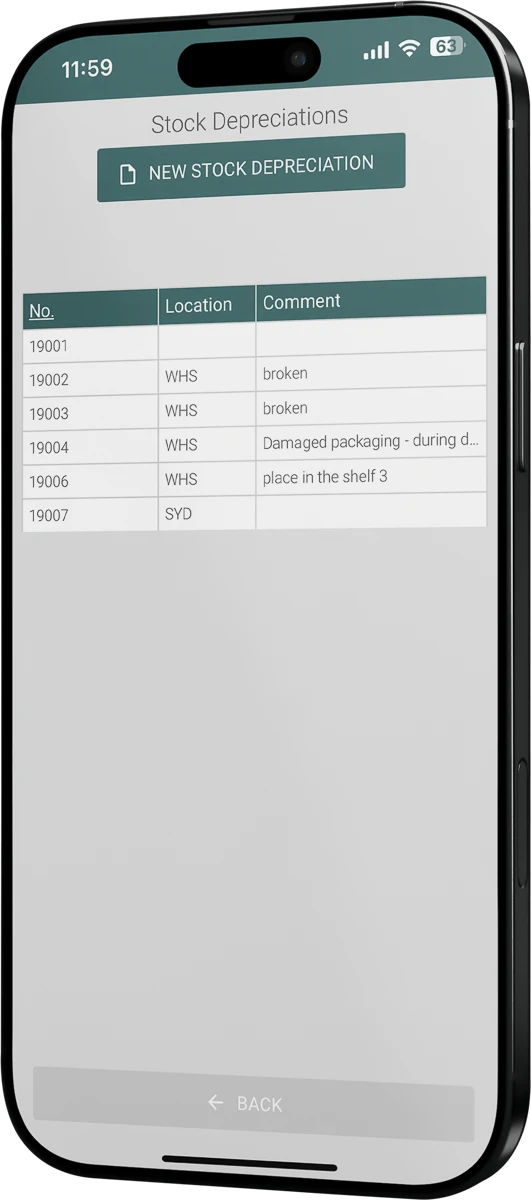 A phone showing the Stock Depreciations list with a New stock depreciation button: number, location and comment