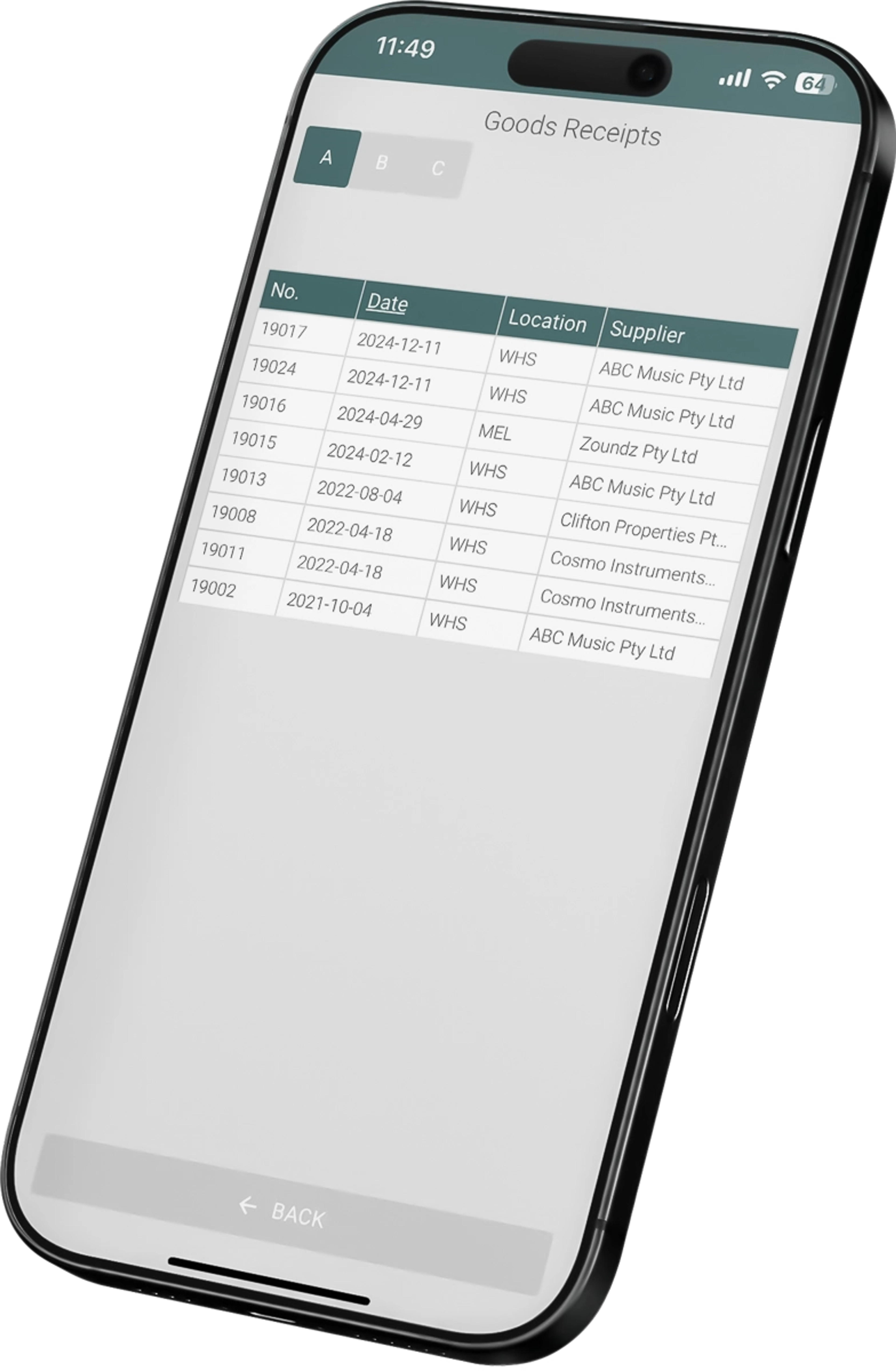 A phone showing the Goods Receipts list: number, date, location and supplier