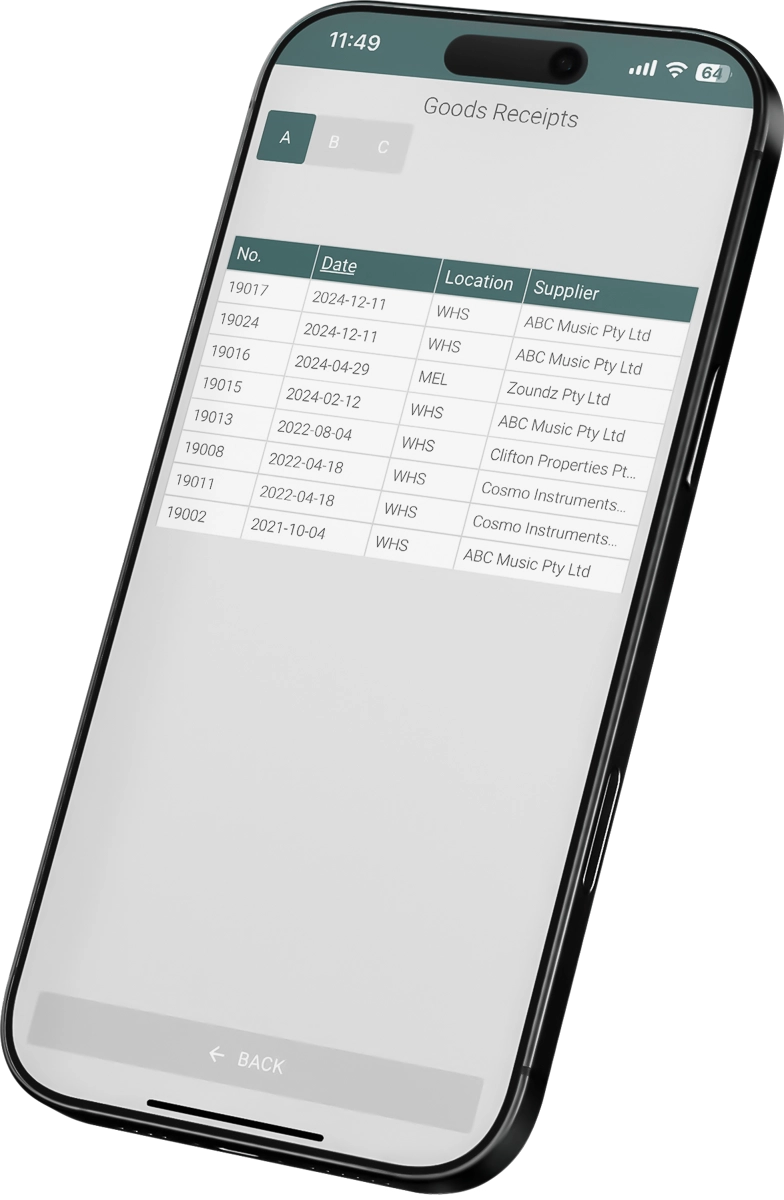 A phone showing the Goods Receipts list: number, date, location and supplier