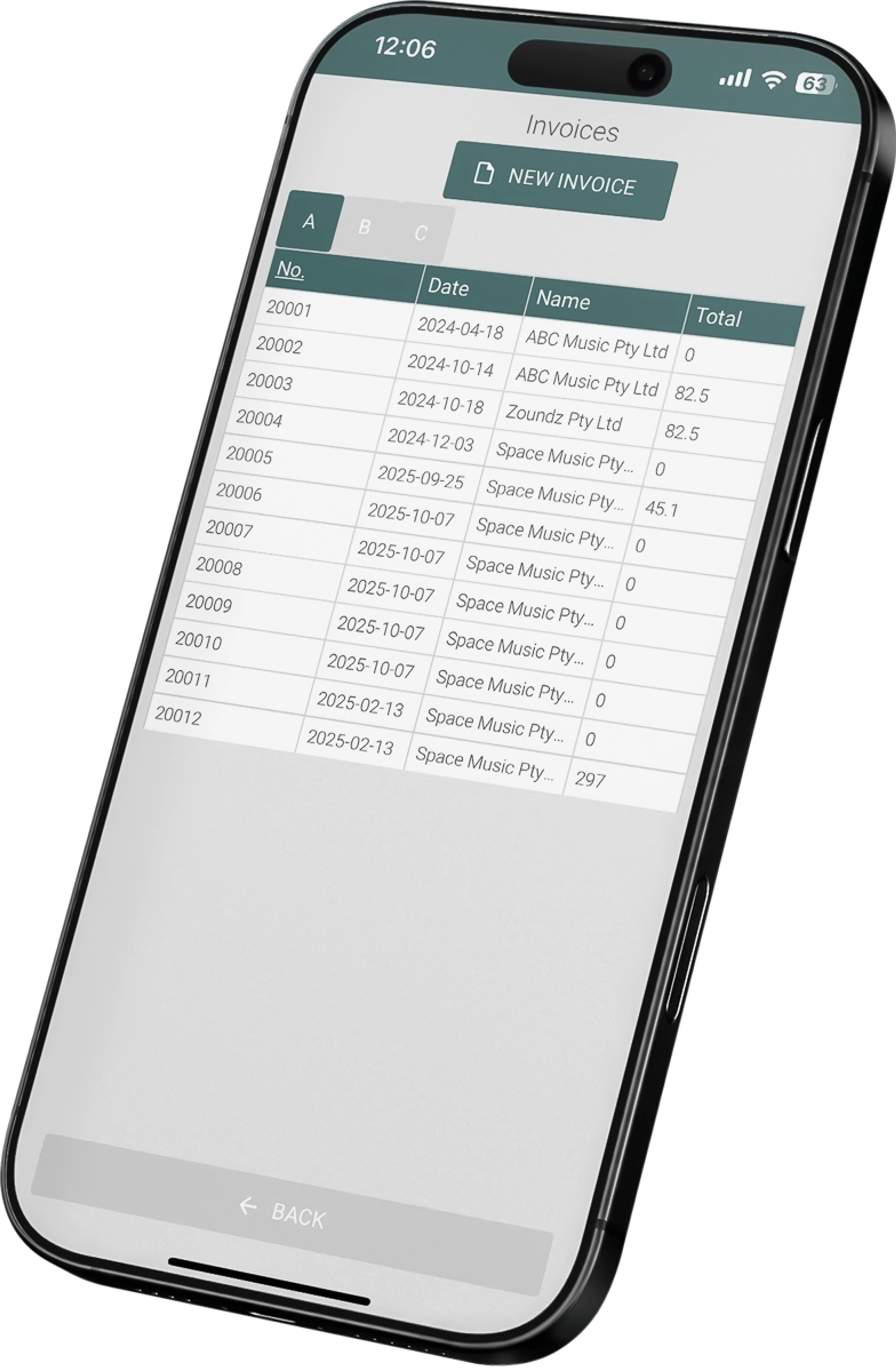 A phone showing the Invoices list with a New invoice button: number, date, customer name and total
