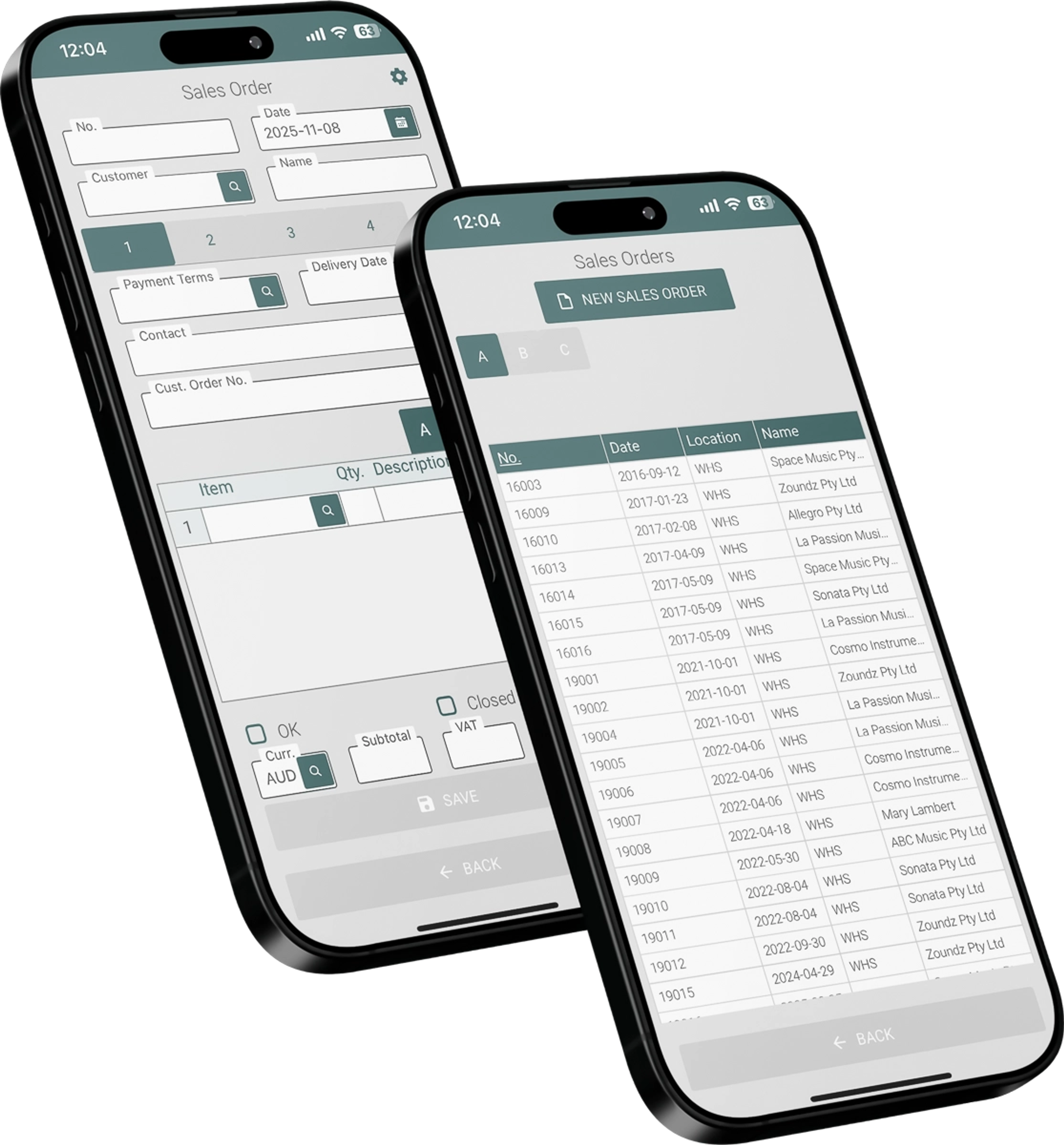 Two phones: a sales order being filled in with customer, payment terms and item rows, and the list of sales orders