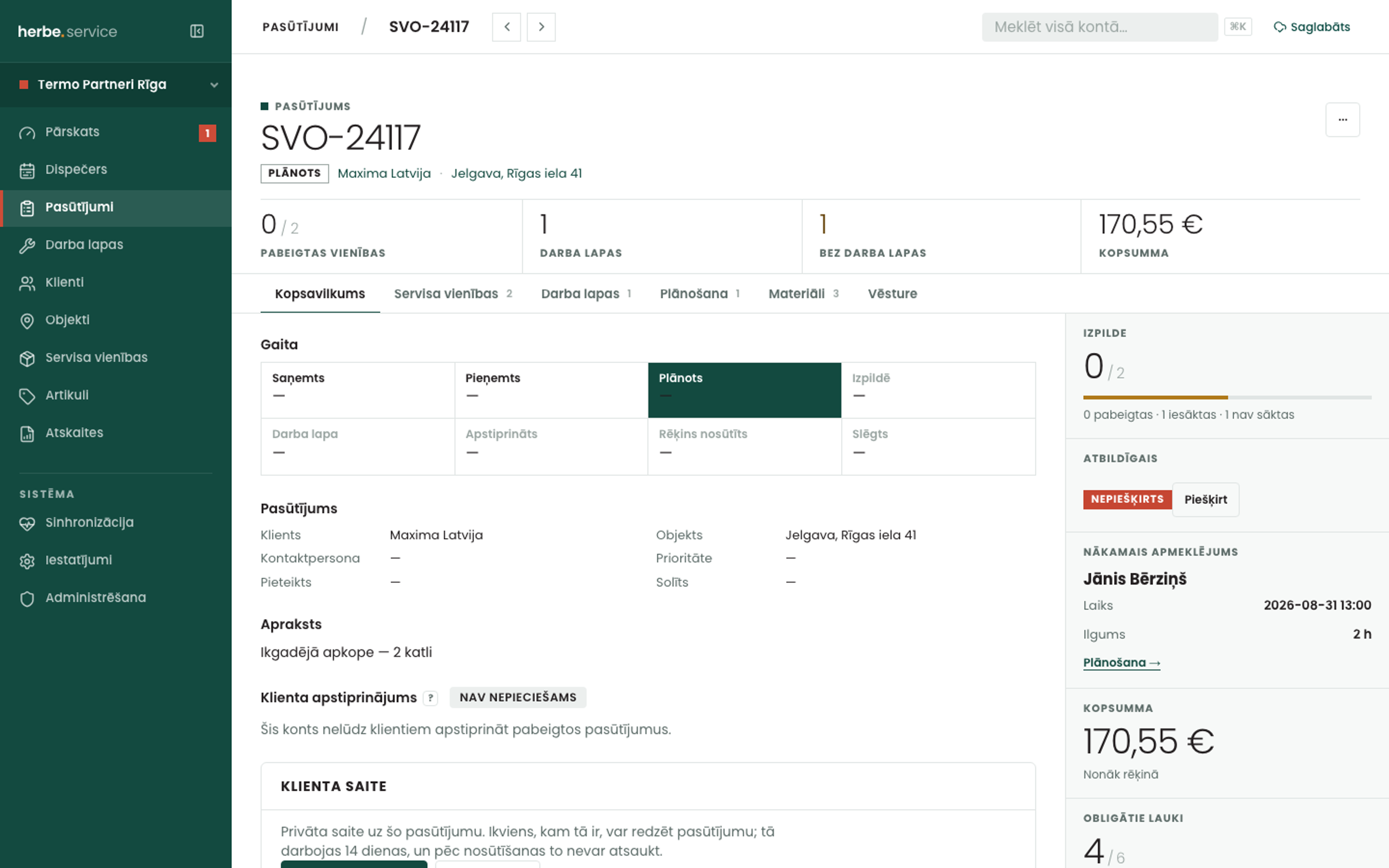 herbe service order detail with lifecycle and sign-off