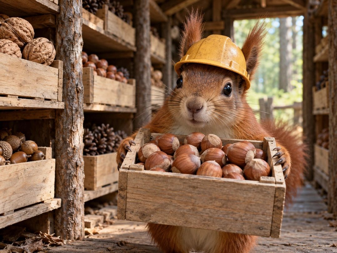 A red squirrel in a hard hat holding a crate of hazelnuts, close up