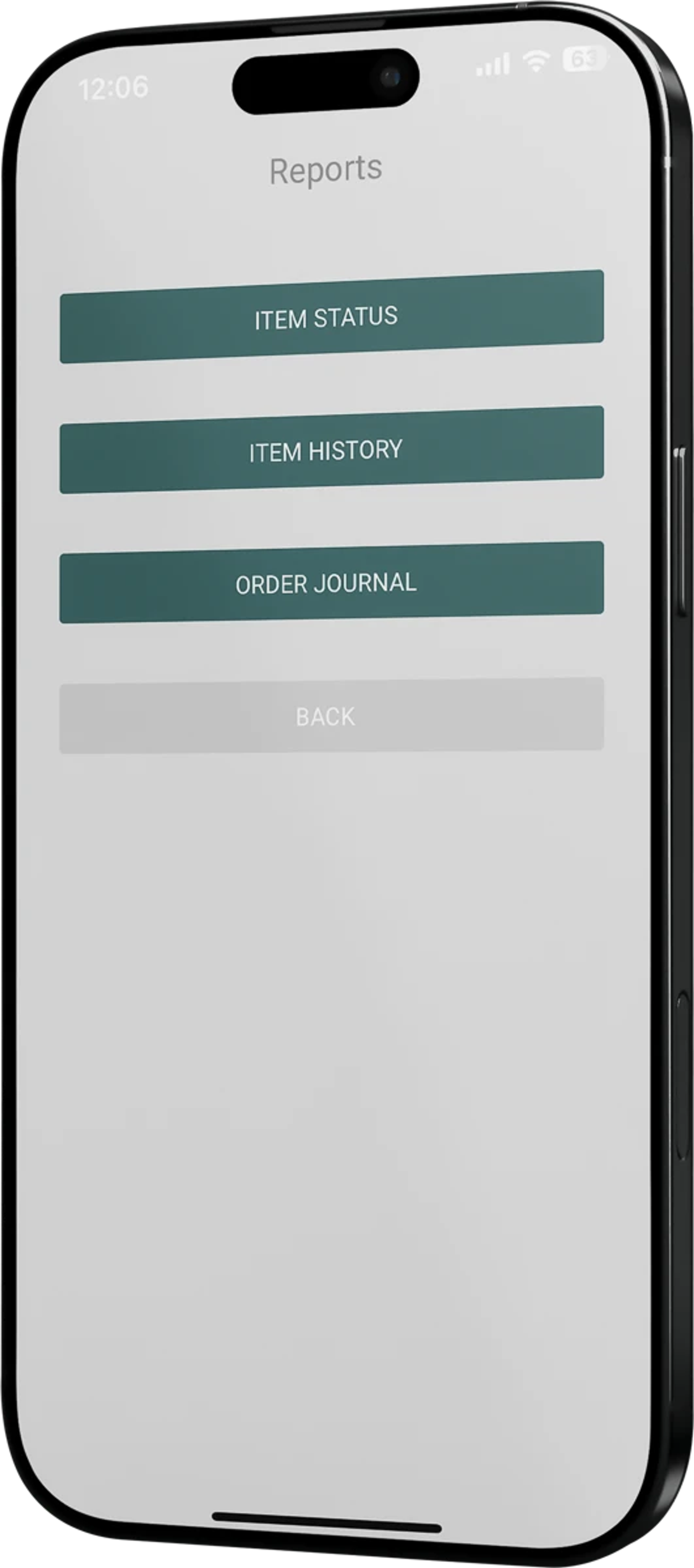 A phone showing the Reports menu with three buttons: Item status, Item history and Order journal