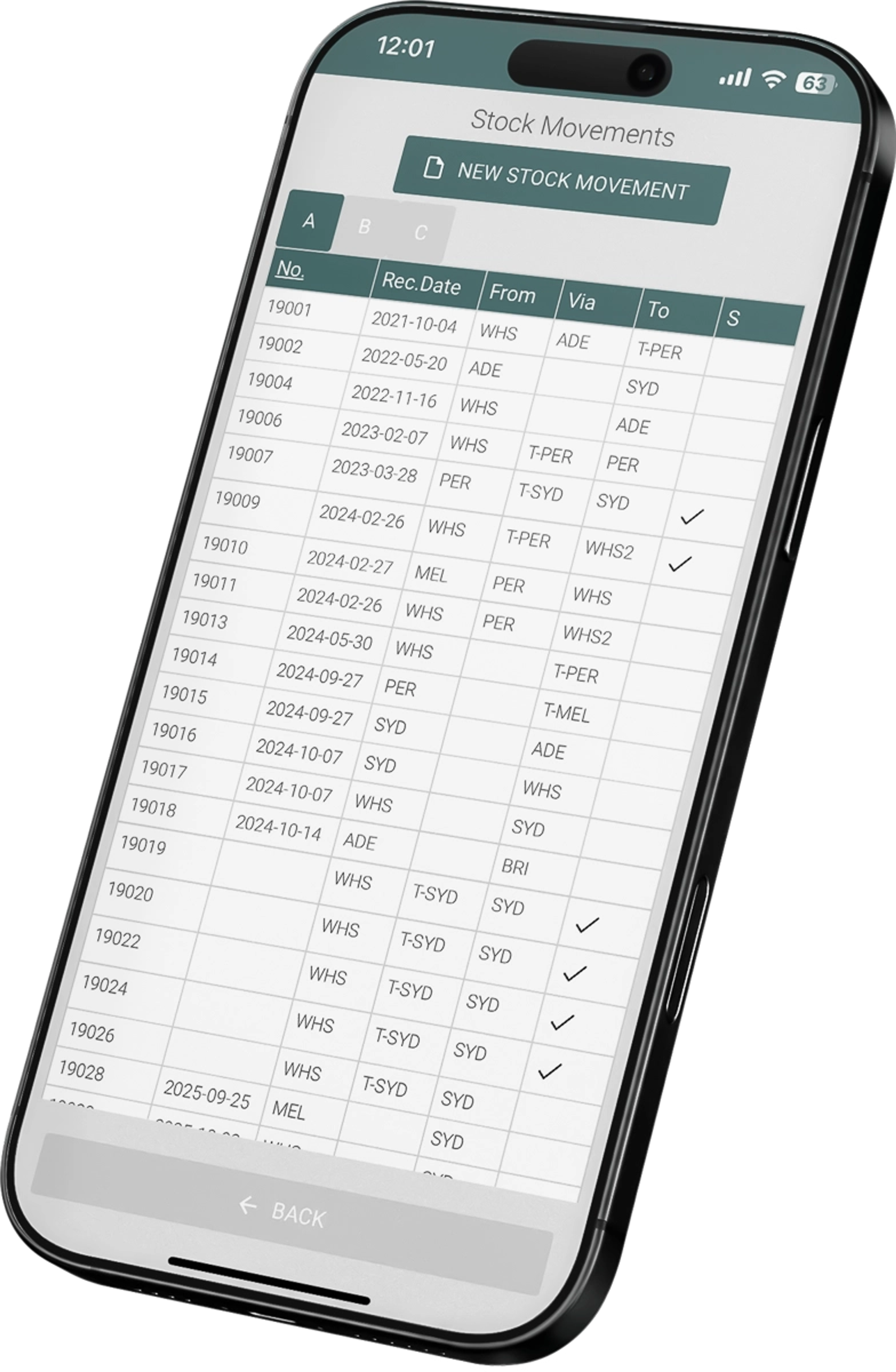 A phone showing the Stock Movements list with a New stock movement button: number, date, from, via and to locations
