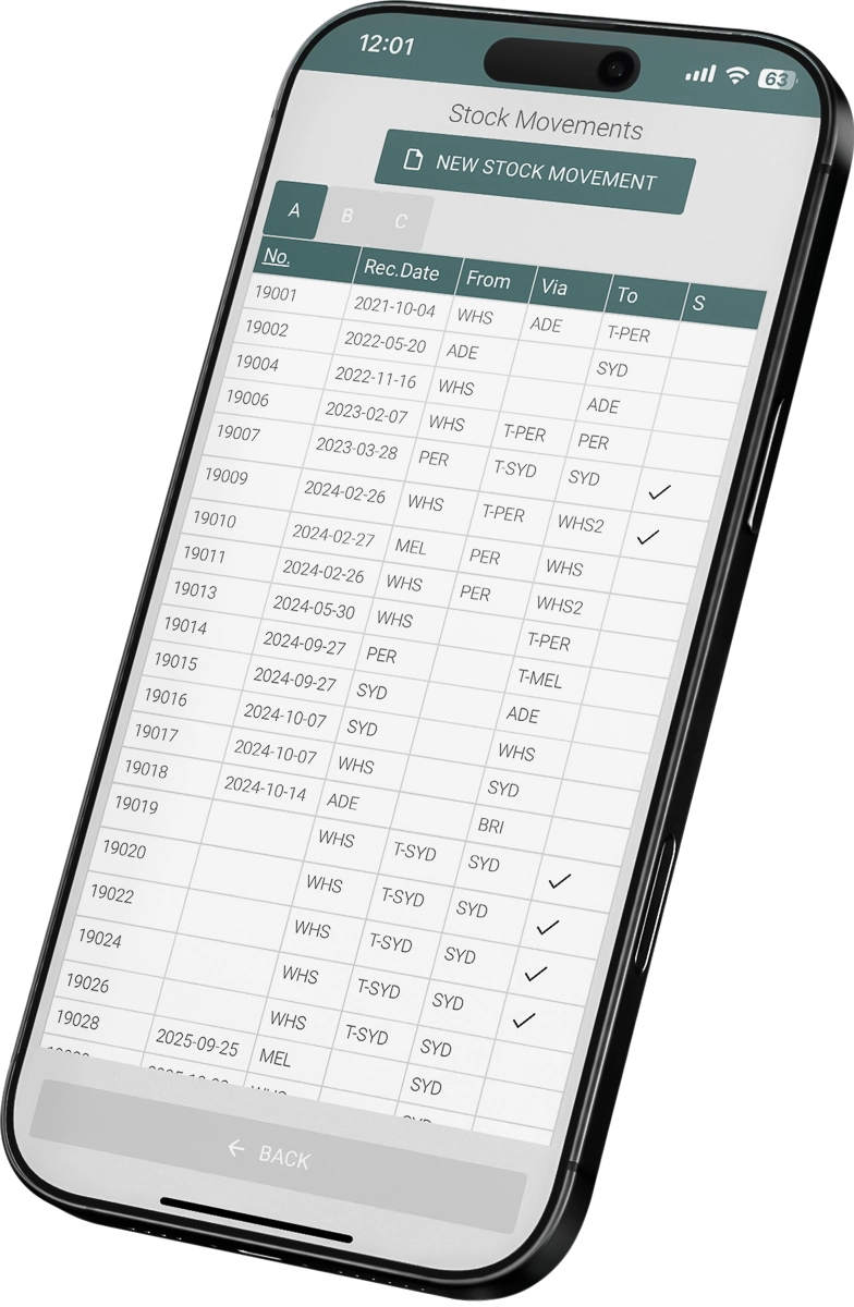 A phone showing the Stock Movements list with a New stock movement button: number, date, from, via and to locations