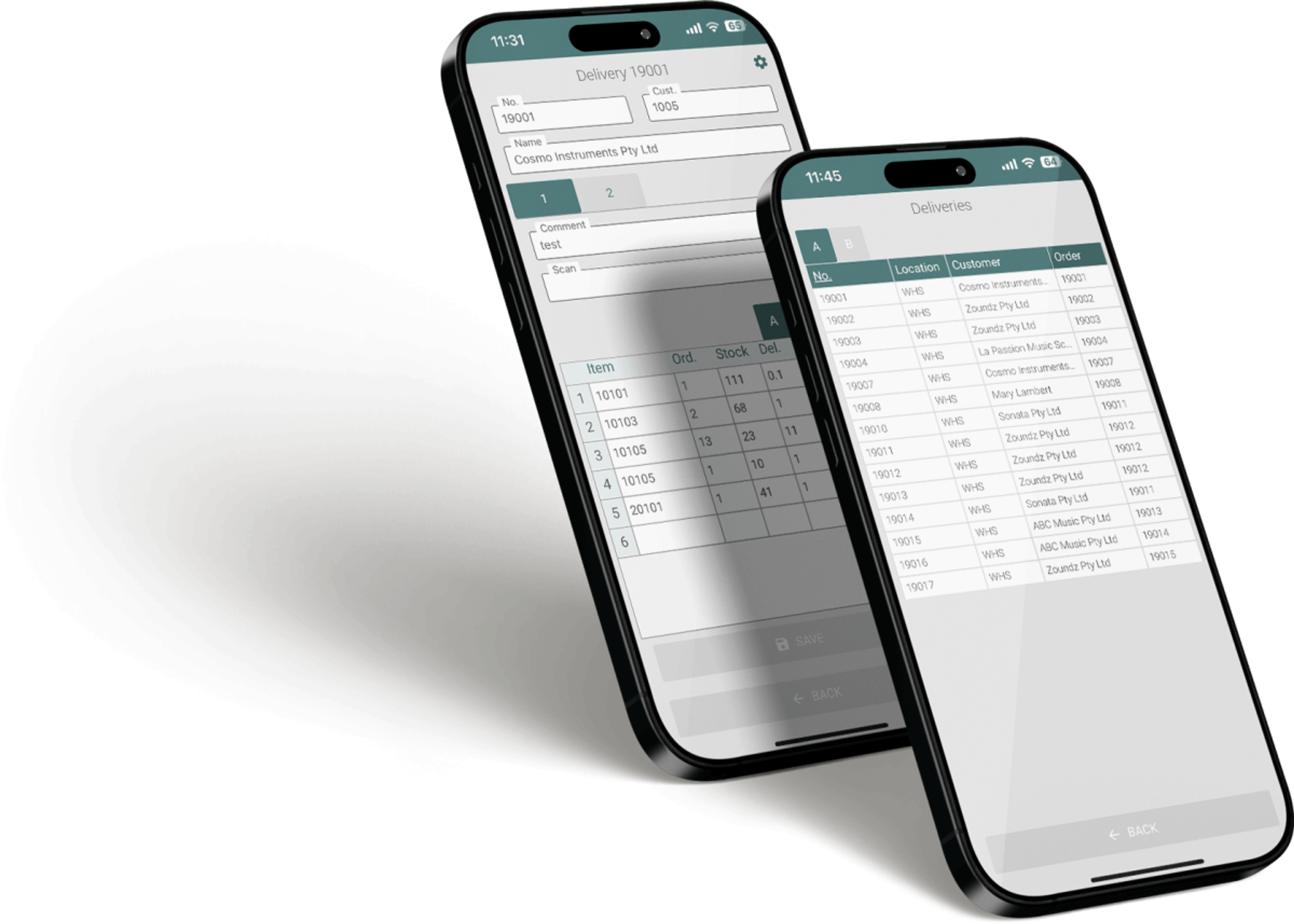 Two phones: a delivery being prepared with scanned items, and the list of deliveries