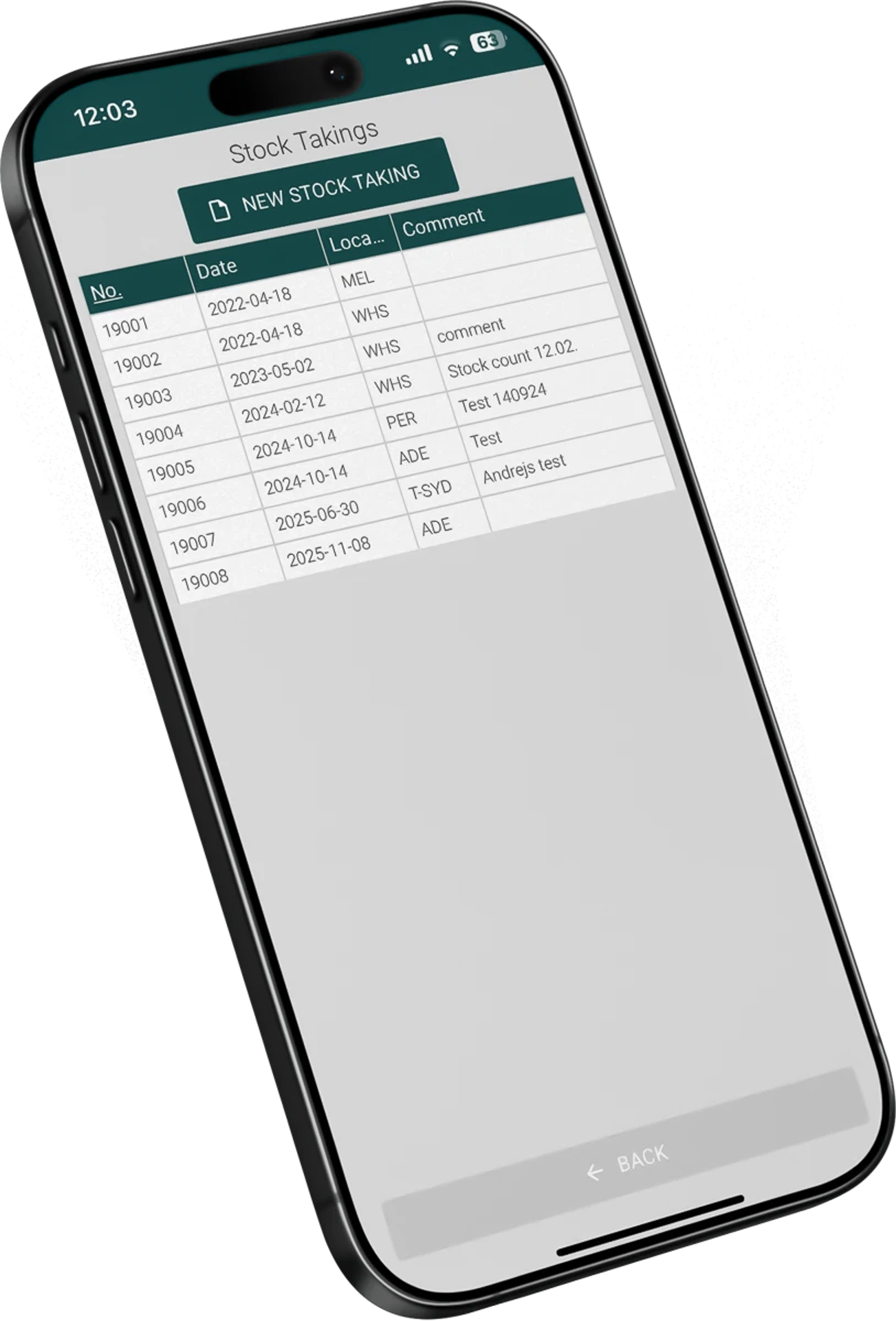 A phone showing the Stock Takings list with a New stock taking button: number, date, location and comment