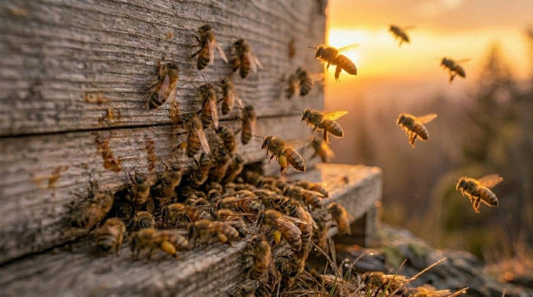 Bees flying in and out of a weathered wooden hive at sunset