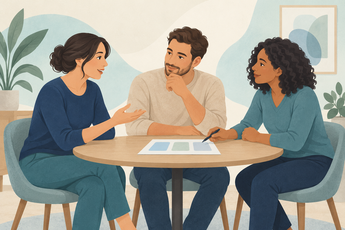 Illustration of an adult and two clinician figures reviewing a care-plan sheet around a table.