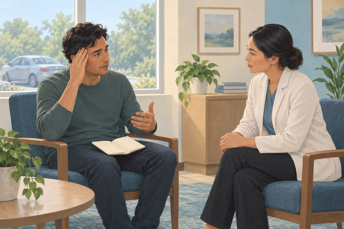 Illustration of an adult touching his temple while discussing symptoms with a clinician, an open notebook on his lap and a parked car outside.