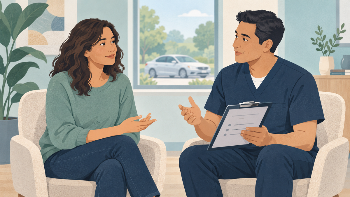 Illustration of an adult and clinician discussing a clipboard, with a car visible through the window.