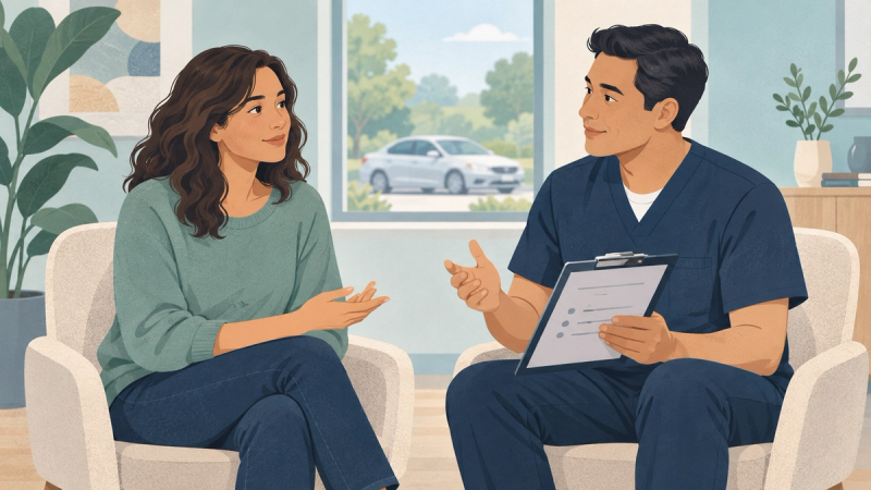 Illustration of an adult and clinician discussing a clipboard, with a car visible through the window.