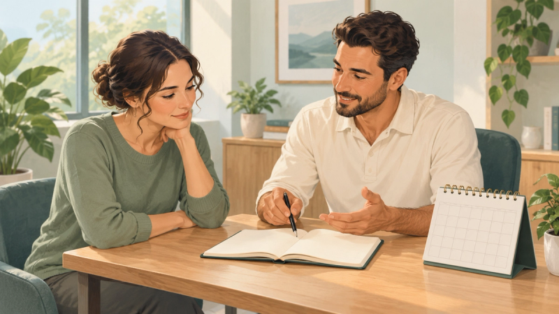 Illustration of an adult and a clinician discussing a blank notebook at a desk beside an unmarked calendar.