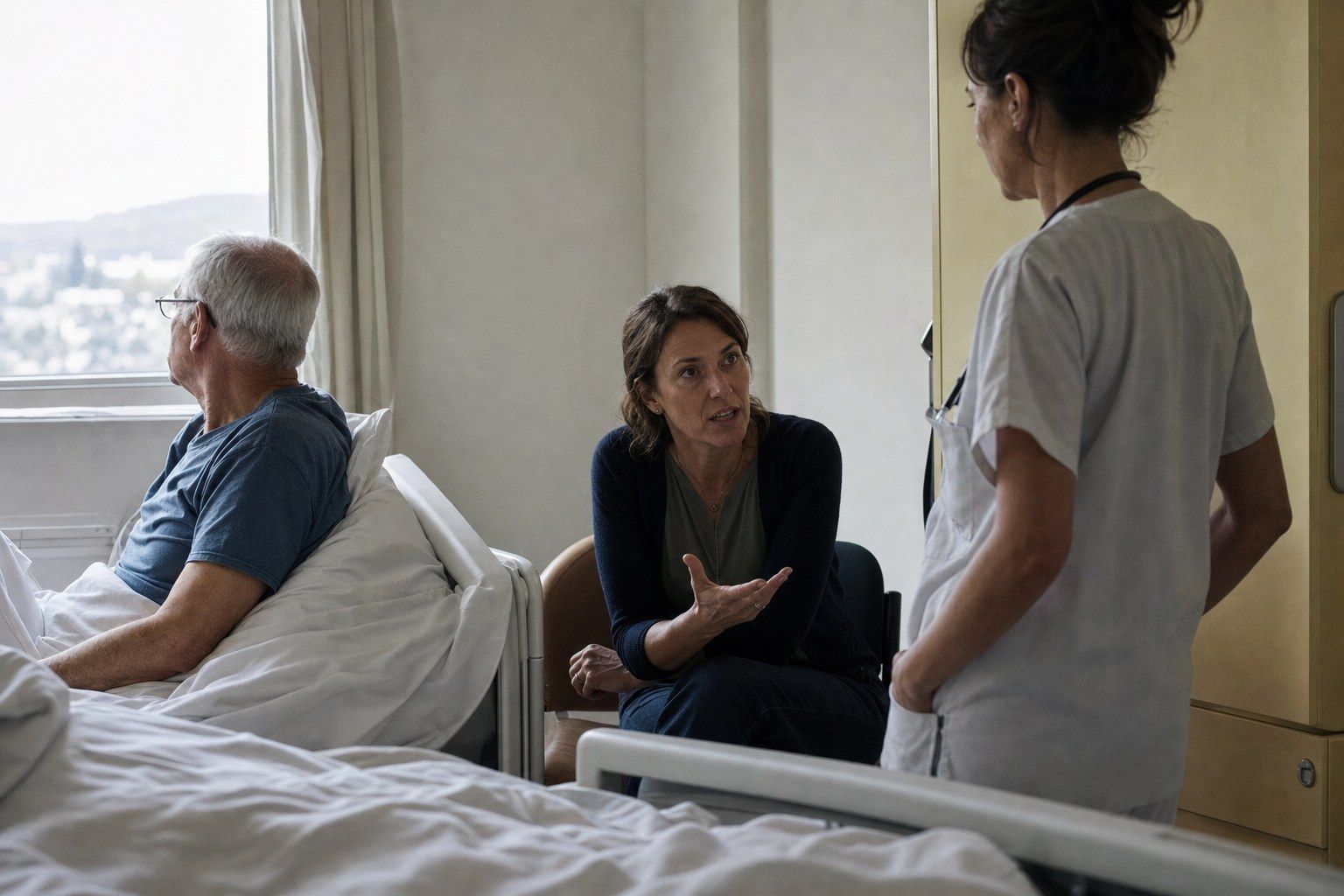 An older man in a hospital bed looking out of the window while his daughter answers the nurse for him