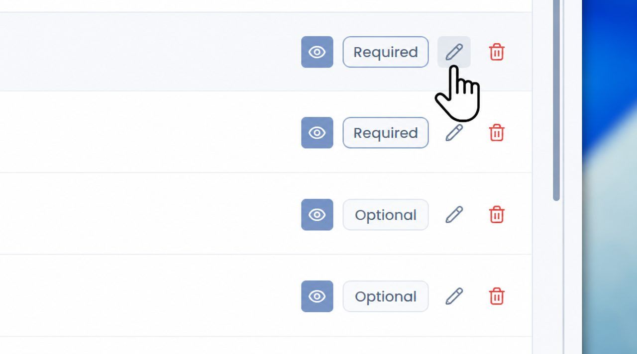Per-activity review controls in the authoring tool: preview, required or optional, edit and delete
