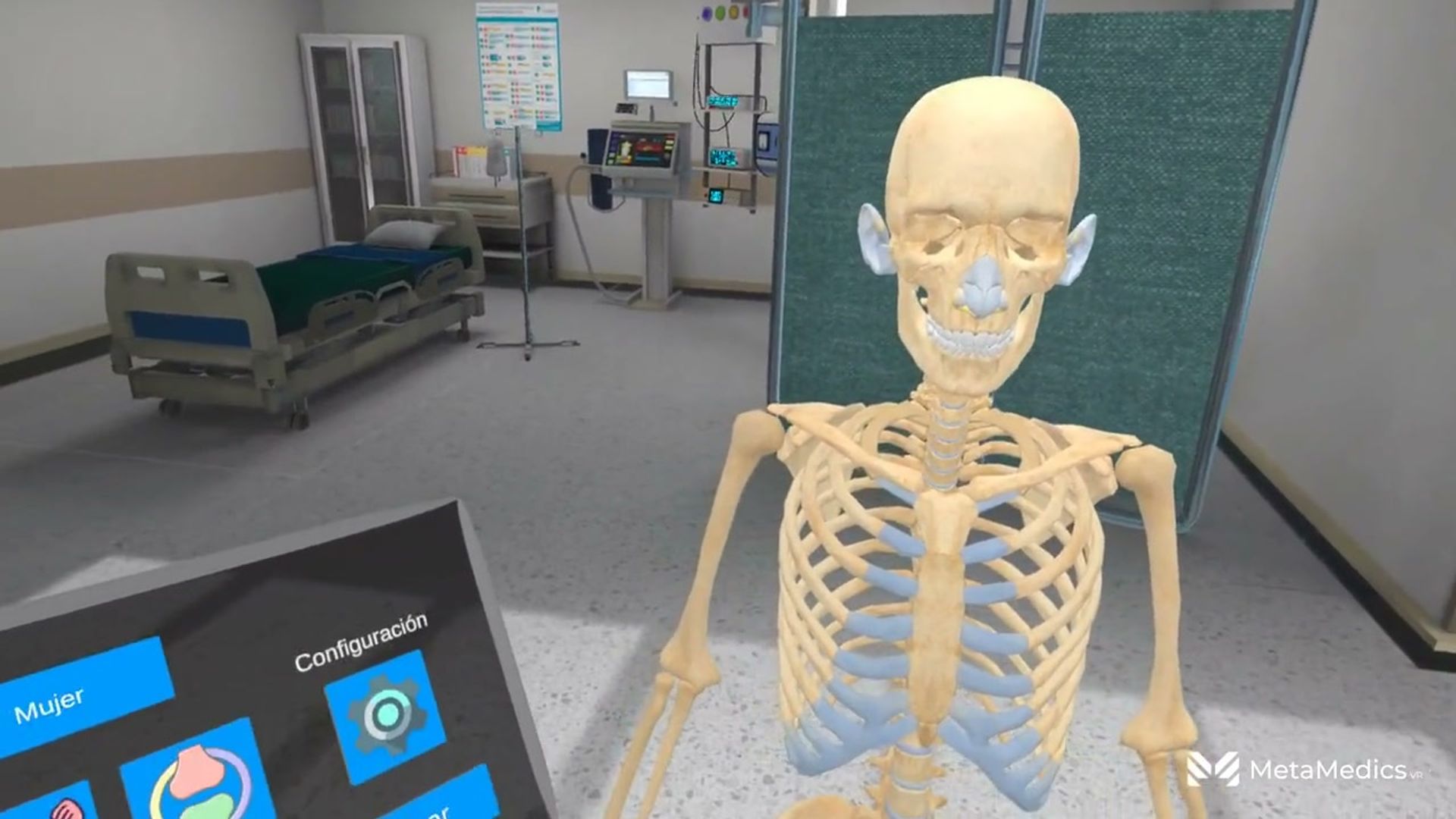 POV frame from the MetaMedicsVR human anatomy VR simulation: the full 3D skeleton standing in a virtual clinical room