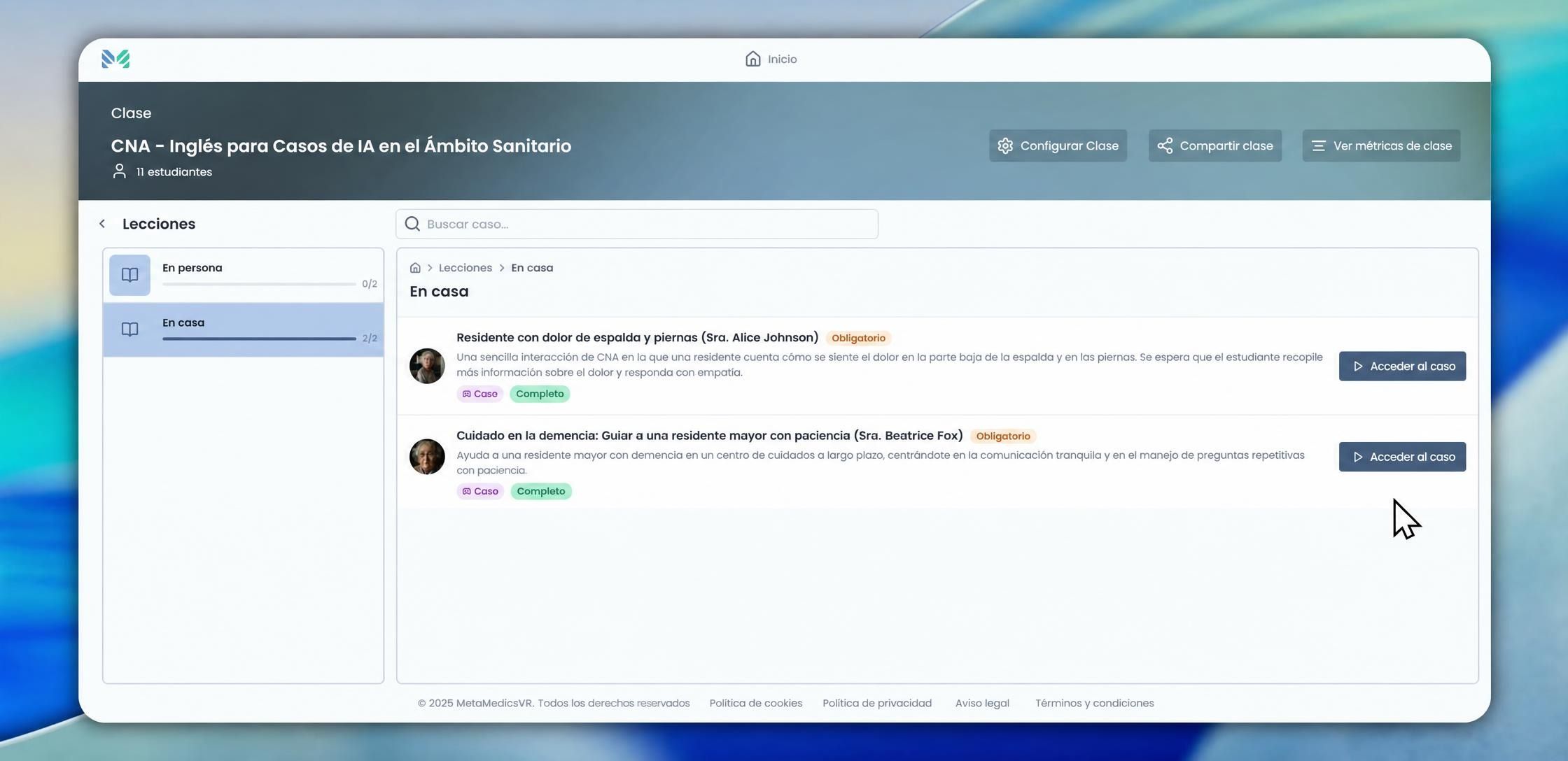 Una clase de la AI Platform, «CNA – English for Healthcare AI Cases», con dos casos de paciente con IA marcados como obligatorios